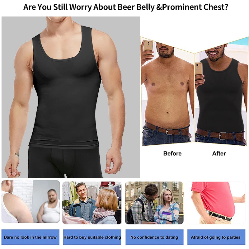 Mens Slimming Body Shaper Shapewear Abs Abdomen Compression Shirt to Hide Gynecomastia Moobs Workout Tank Tops Undershirts